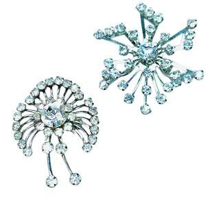 Vintage 1950s Starburst Rhinestone Silver Tone Brooches